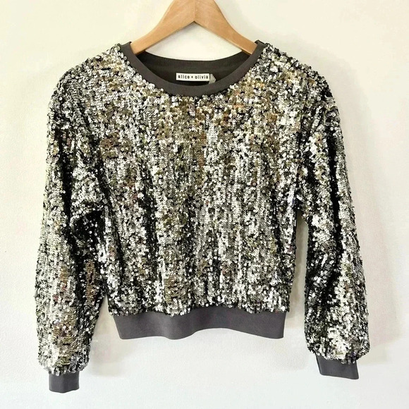 Alice + Olivia Sequin Cropped Embellished Metallic Long Sleeve Sweatshirt Sz XS - Picture 2 of 9